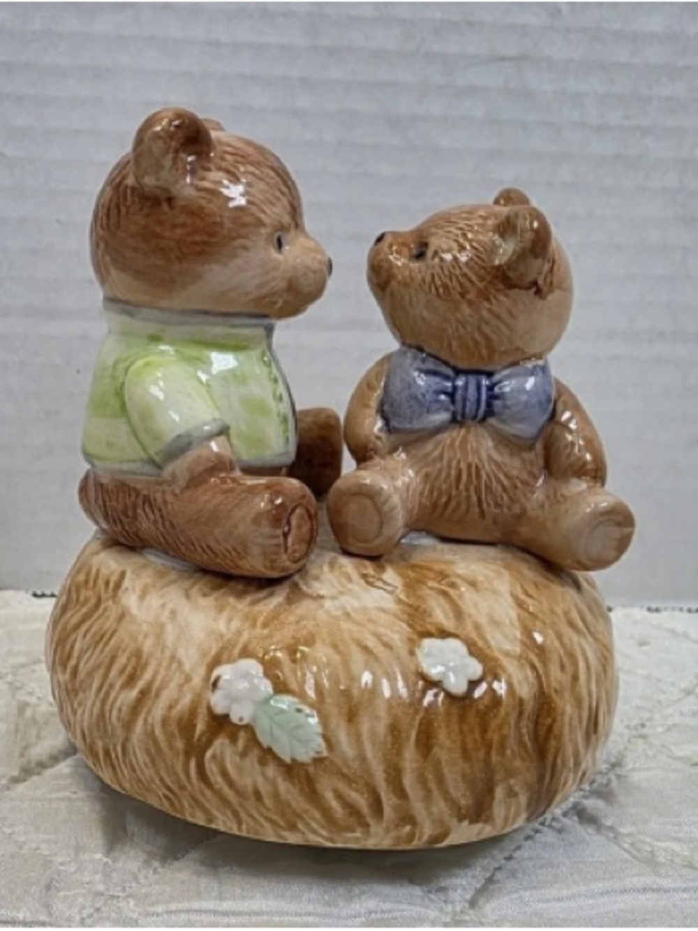 Ceramic Bear Couple Figurine in Brown with Green Jacket and Blue Bow Tie